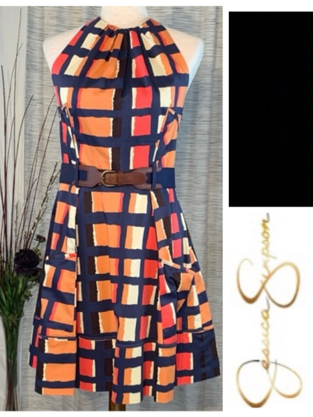Jessica Simpson multicolored blocks halter dress.